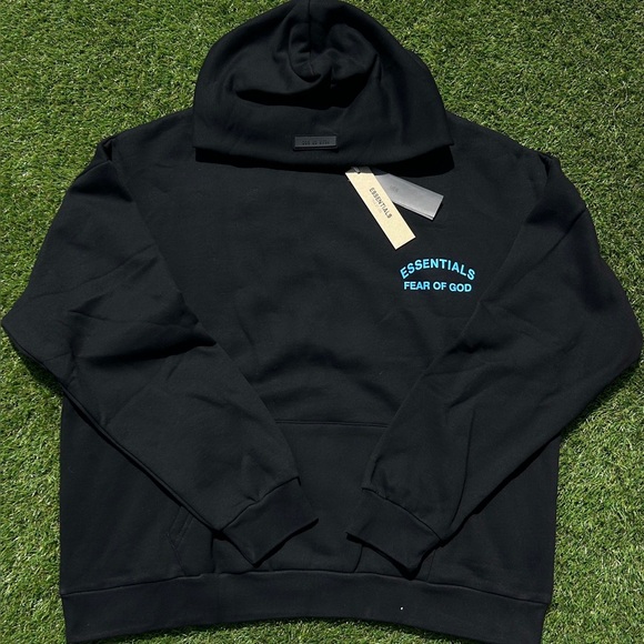 Fear of God Essentials Black Hoodie with Blue Logo - Picture 1 of 3